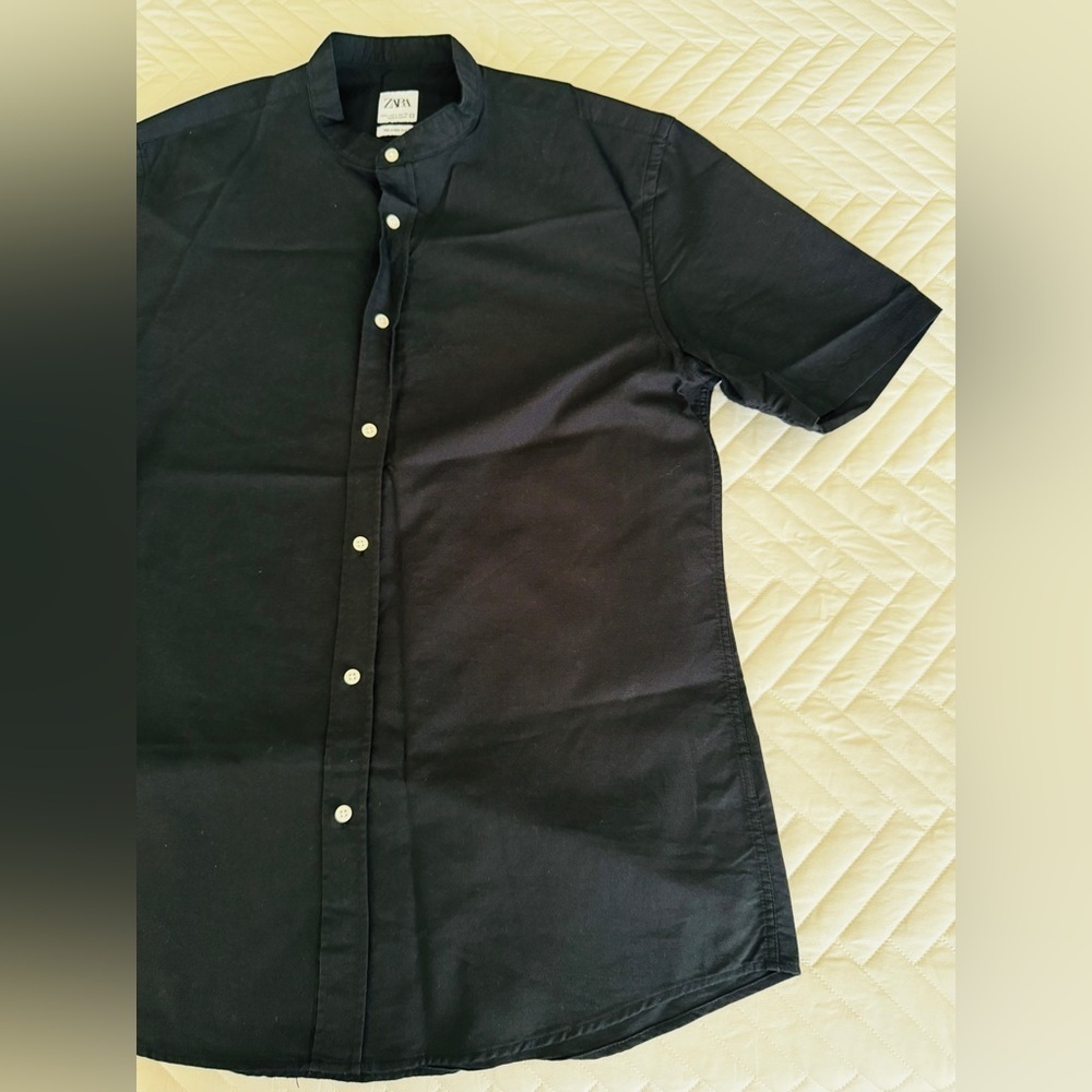 Zara Man Mandarin Collar Button Down Shirt Black Size L Used Great Condition! - Picture 5 of 11